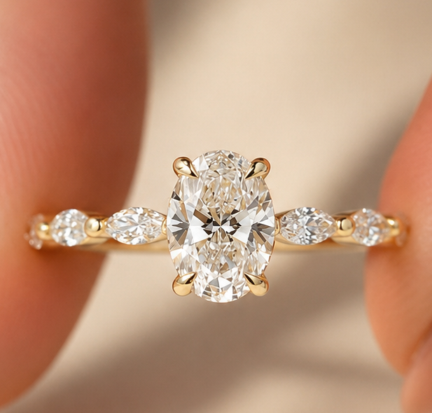 w (5) Top view of 1.5 CT oval lab-grown diamond ring with marquise side stones