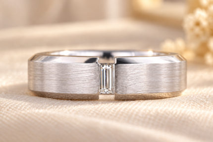 Men's Baguette Lab Diamond Ring with Brushed 6 mm Band — front view of baguette and brushed band