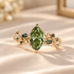 Nature Inspired Engagement Ring in Green Marquise Lab Grown Diamond, Side Moss Agate Gemstone, Leaves and Petal Design Wedding Ring for Her