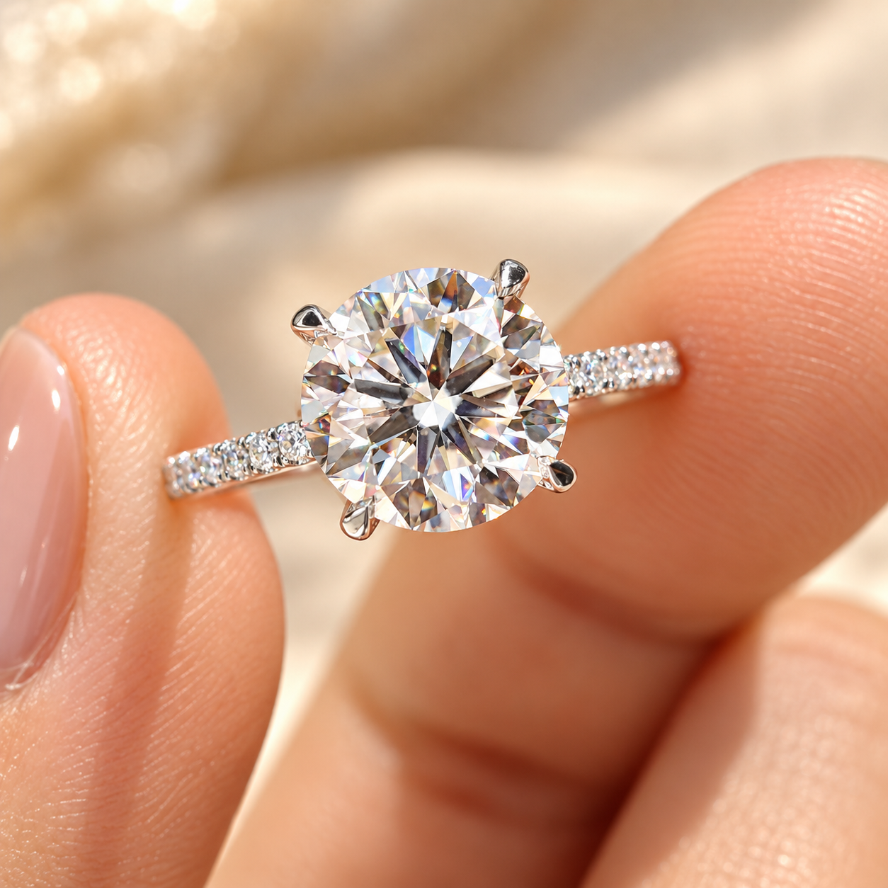 Brilliant Diamond Ring in Hand Round Moissanite Pave Engagement Ring, 4 Claw Prong Set Moissanite Wedding Ring, Promise Ring for Her, Handmade Anniversary Ring for Women - Image 1