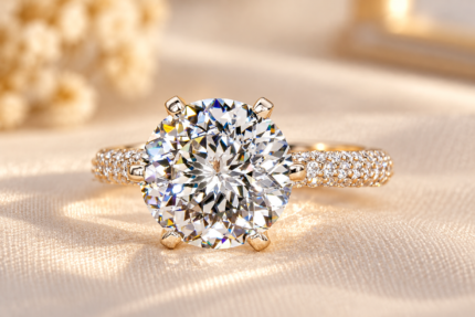 Portuguese cut diamond ring with three-sided pave band, angled front view on cream fabric