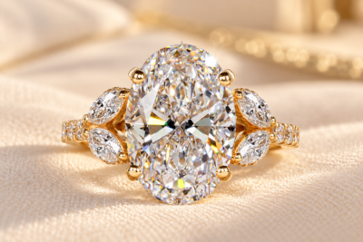 Oval cathedral diamond ring with marquise and round accents, front view on cream fabric