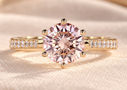 Pink round diamond ring with tapered pave band, front view on cream fabric