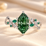 Green Dutch Marquise Diamond Nature Inspired Engagement Ring, Side Emerald Gemstone, Leaves and Petal Design Wedding Ring, Anniversary Ring