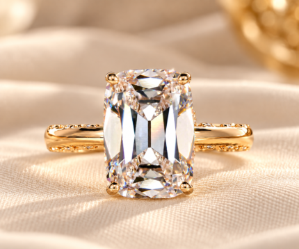 Old mine cushion ring with elongated lab-grown diamond and pave accents, front view on cream fabric