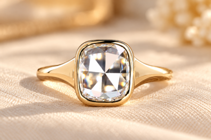 Front view of cushion rose cut lab grown diamond ring in a gold bezel setting