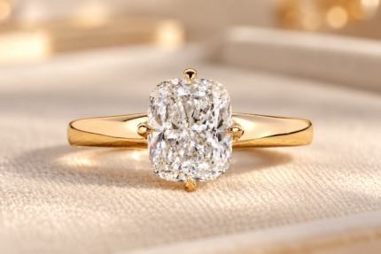 Cushion compass prong ring with a lab grown diamond and polished yellow gold tone band, front view