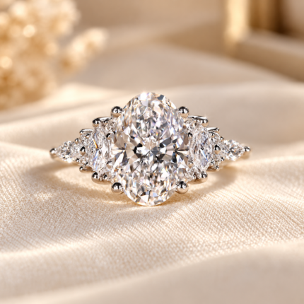 Close front view of oval lab diamond marquise and round accent ring