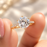 Hidden Halo Round Moissanite Pave Engagement Ring, Bridge Accent Wedding Ring, Promise Ring for Her, Yellow/White/Rose Gold Ring for Women