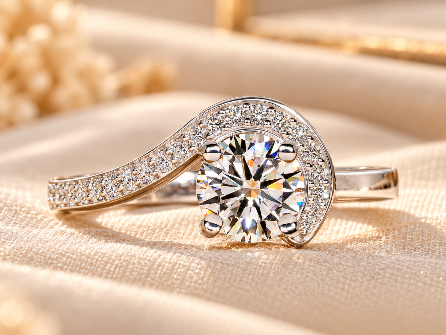 Diamond Swirl Ring on Cream Satin 0.75 Ct Round Cut Lab Grown Diamond Ring,Bypass Engagement Ring,Diamond Wedding Ring,Handmade Jewelry,Birthday Gift For Her - Image 1