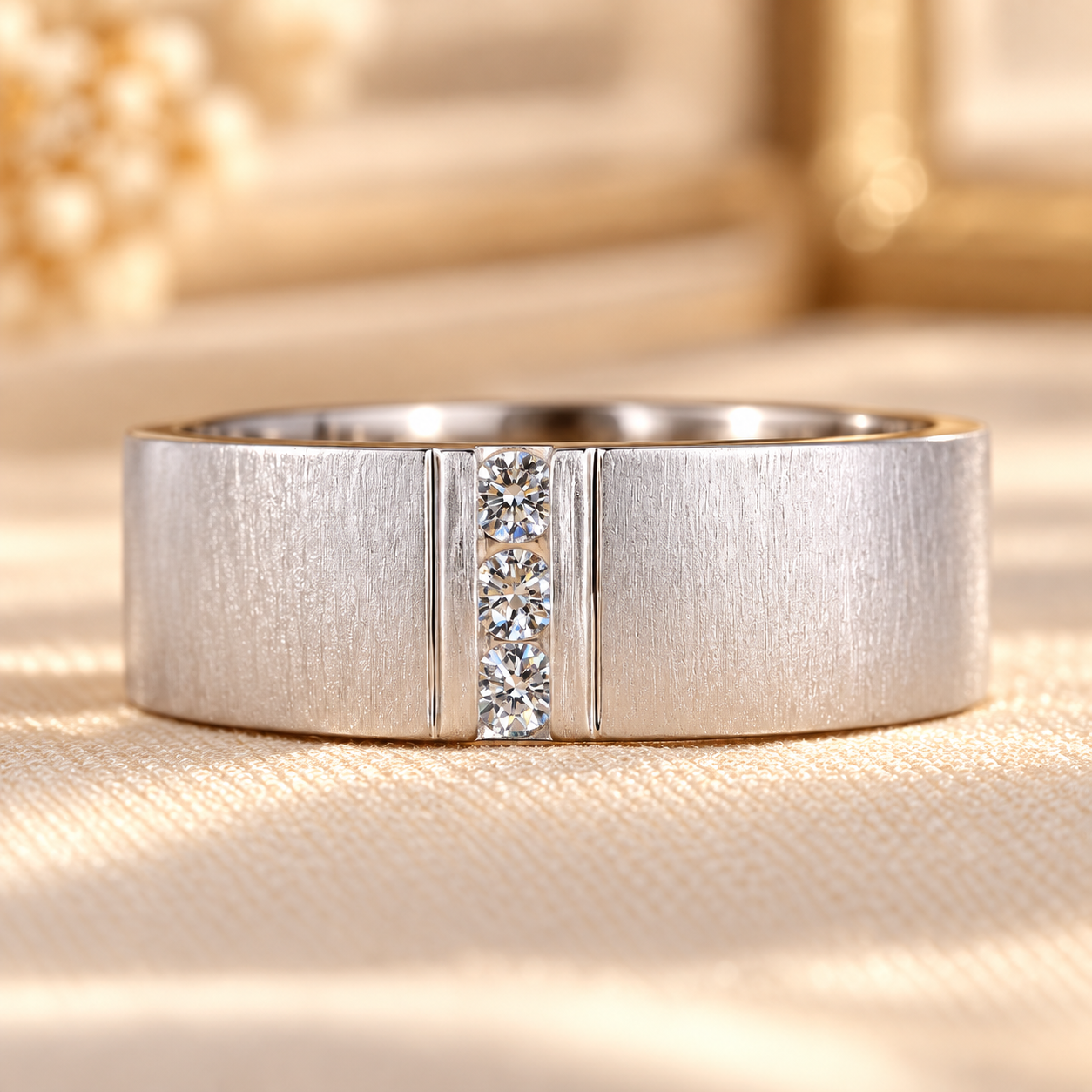 Elegant Four-Diamond White Metal Band Round Lab Grown Diamond Statement Ring, Men's Wedding Diamond Ring, Anniversary Gift for Him, Matte/Brushed Finish, Engagement Ring for Men - Image 1