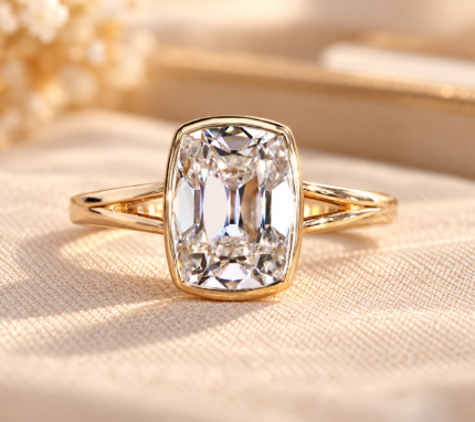 Old mine cushion bezel ring, front view on cream fabric