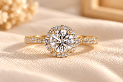 Front studio view of round lab diamond halo engagement ring