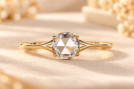 Front studio view of rose cut diamond split shank ring