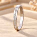 Channel Set Moissanite Wedding Band, Low Setting Stacking Ring, Round Cut Moissanite Band, Comfort Fit Square Band, Custom Anniversary Ring