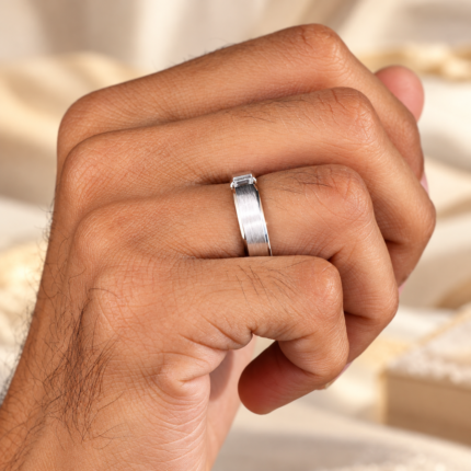Men's Baguette Lab Diamond Ring with Brushed 6 mm Band — worn on a closed hand