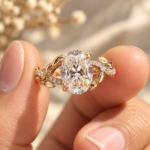 Nature Inspired Twisted Pave Oval Engagement Ring, Delicate Leaf Wedding Ring, Promise Ring for Her, Unique Hidden Halo Ring by Diamond Vishwa