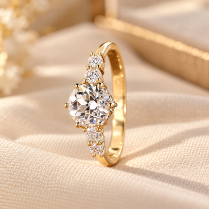 Angled front view of an Old European cut five-stone ring in yellow-tone metal