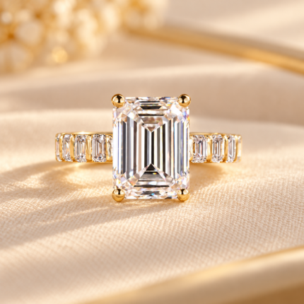 Emerald Lab Diamond Ring with Bar-Set Side Accents — front view of emerald center and bar-set accents
