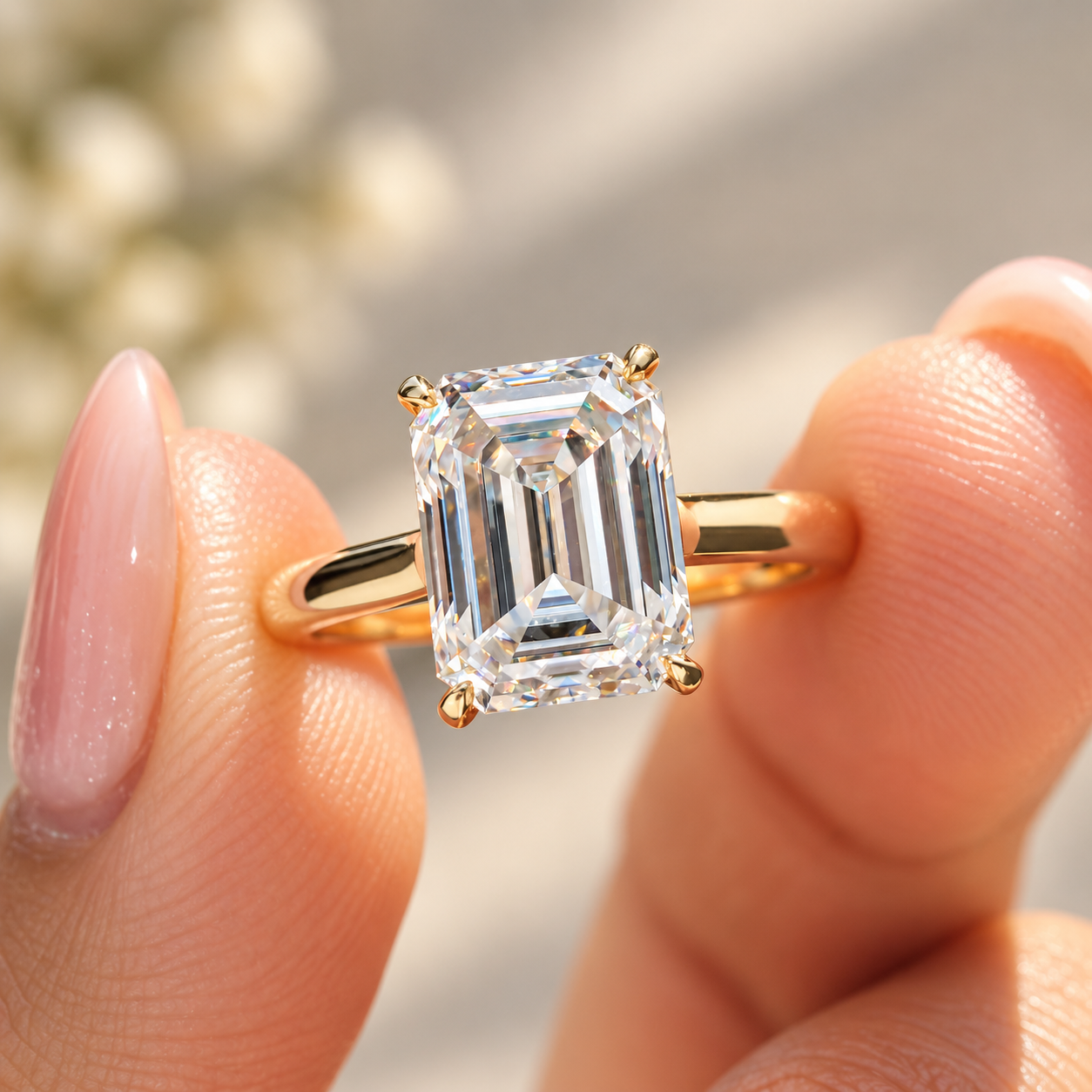 Emerald-Cut Diamond Ring Close-Up Emerald Cut Moissanite Solitaire Wedding Ring for Her, Classic Comfort Fit Engagement Ring, 4 Claw Prong Cathedral Setting Ring, Gift Ring - Image 1