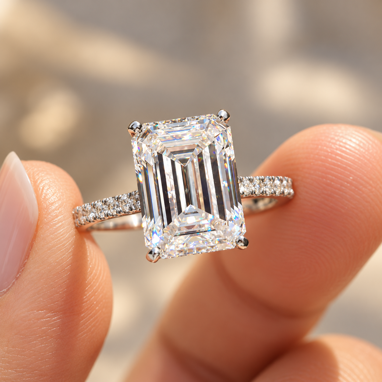 Emerald-Cut Diamond Ring Close-Up Emerald Cut Moissanite Pave Engagement Ring, Hidden Halo Wedding Ring, Classic Cathedral Set Moissanite Ring, Yellow/White/Rose Gold Ring - Image 1