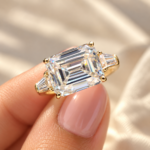 Emerald Cut Moissanite 3 Stone Engagement Ring with Side Tapered Baguette, East to West Moissanite Wedding Ring, Anniversary Ring for Women