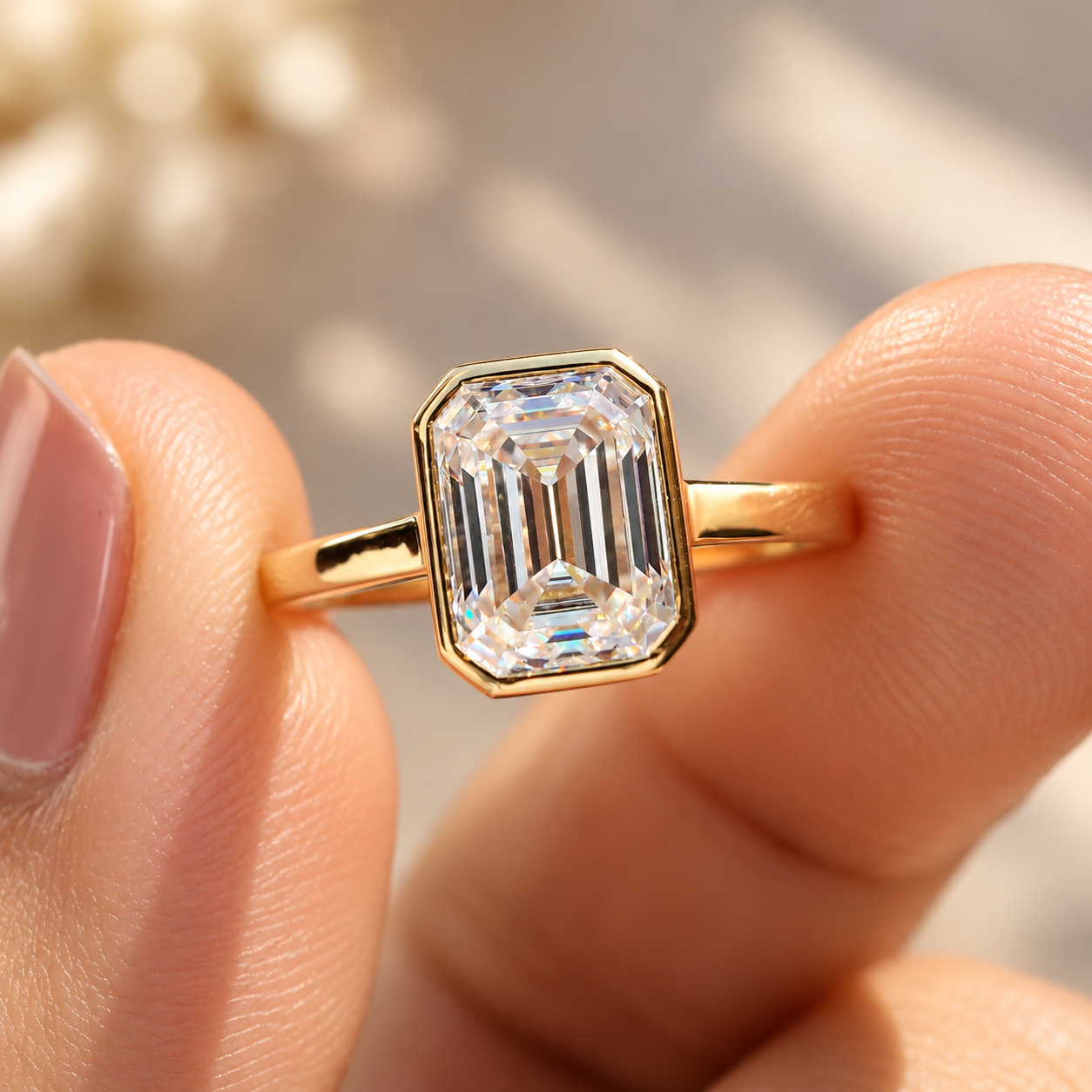 Emerald-Cut Diamond Ring in Hand Emerald Cut Moissanite Bezel Engagement Ring, Solitaire Wedding Ring for Her, Classic Comfort Fit Ring, Yellow/White/Rose Gold Handmade Ring - Image 1