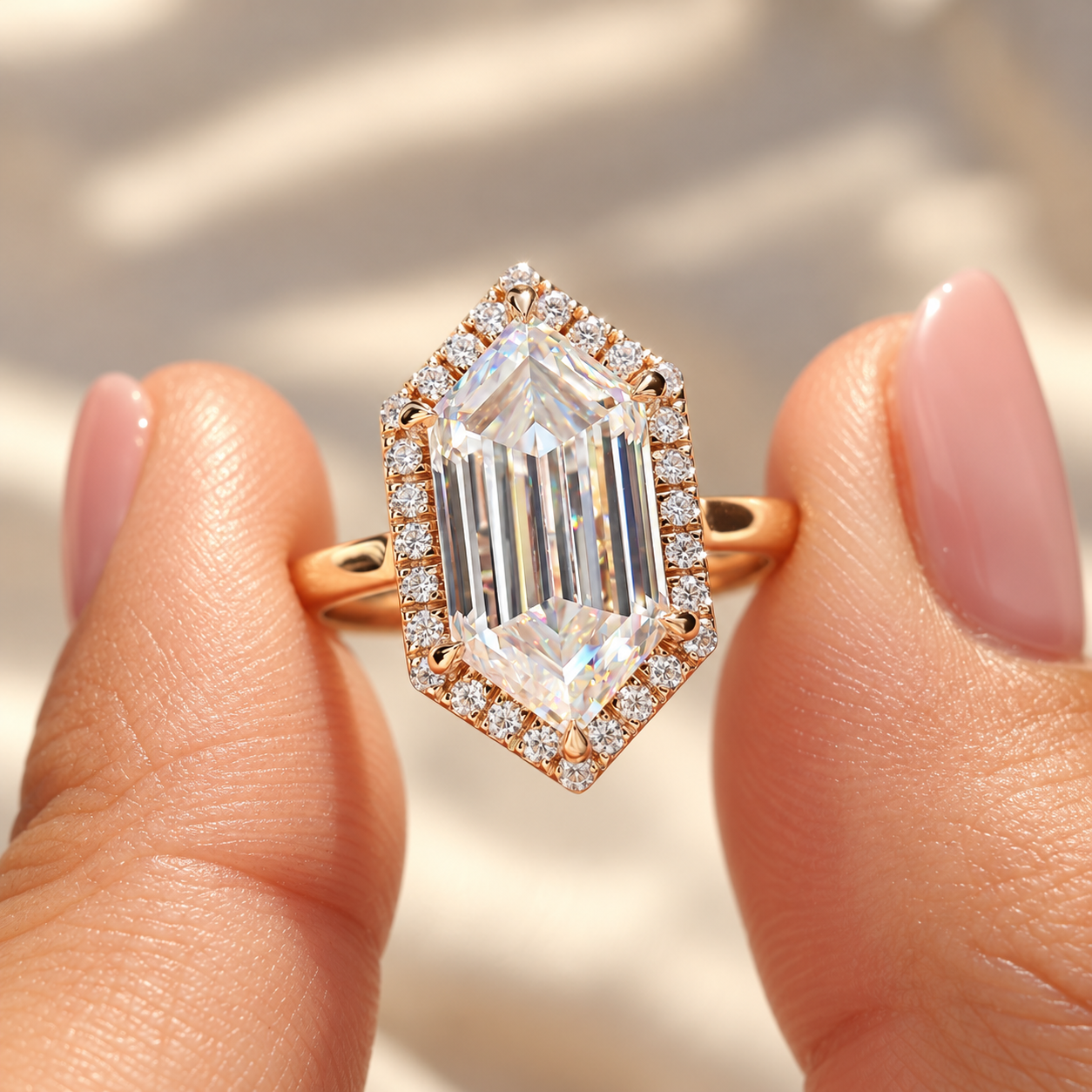 Emerald-Cut Diamond Ring in Warm Gold Elongated Hexagon Cut Moissanite Halo Engagement Ring, Open Gallery Wedding Ring for Her, Comfort Fit Anniversary Ring, Promise Ring for Her - Image 1