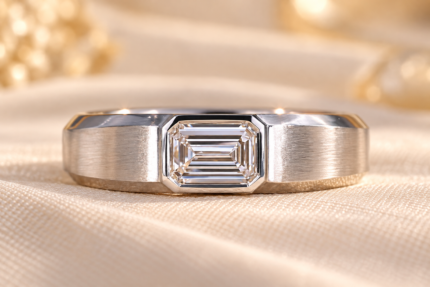 Men's Emerald Bezel Ring with Lab-Grown Diamond — front view of horizontal emerald bezel