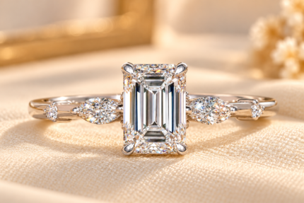 Emerald Cut Lab Diamond Five-Stone Ring with Marquise Accents — front close-up with marquise side accents
