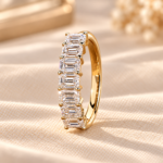 Emerald Cut Lab Grown Diamond Ring: Seven Stone Yellow Gold Wedding Band