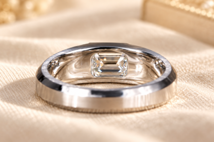Men's Emerald Bezel Ring with Lab-Grown Diamond — underside of the bezel and band