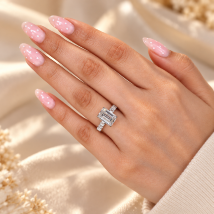 Emerald Lab Diamond Ring with Bar-Set Side Accents — worn on a hand