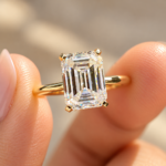 Hidden Halo Emerald Cut Moissanite Engagement Ring, Classic Comfort Fit Wedding Ring, Solitaire Ring for Her, Anniversary Ring for Women