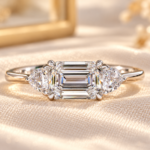 Trillion & Emerald East West Engagement Ring,Three Stone Lab grown Diamond Ring,Handmade Jewelry