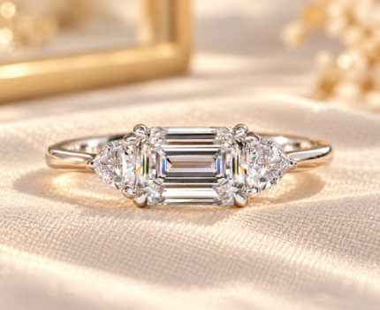 East west emerald lab diamond ring with trillion side stones, front view on cream fabric