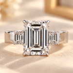 Emerald Cut Engagement Ring Wide Band, 3 Carat Lab Grown Diamond Ring, Three Stone Emerald Cut Wedding Ring, 10k 14k 18k White Gold