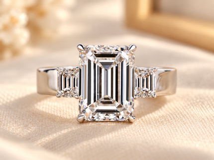 Wide band emerald ring with three emerald cut diamonds and a polished white tone band, front view