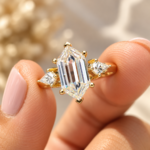 Elongated Hexagon Cut Moissanite 3 Stone Engagement Ring, Side Kite Cut Moissanite Knife Edge Ring, Wedding Ring for Her, Anniversary Gifts