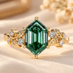 Nature Inspired Engagement Ring in Green Hexagon Step Cut Lab Grown Diamond, Delicate Leaves and Petal Design, Handcrafted Wedding Ring
