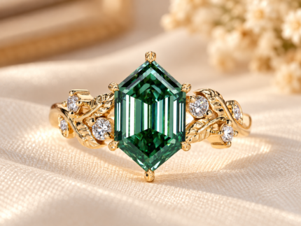 Green hexagon diamond ring with a step cut center and leaf and petal gold tone shoulders, front view