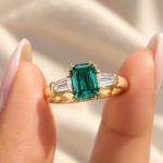 Emerald Cut Green Moissanite Three Stone Engagement Ring, Side Tapered Baguettes, Wedding Ring, Promise Ring for Her, Anniversary Gifts
