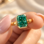 Radiant Cut Green Moissanite Engagement Ring, Bezel Set Solitaire Wedding Ring, Cathedral Setting, Anniversary Gift Ring for Women
