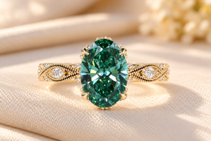 Green oval vintage ring, front view on cream fabric