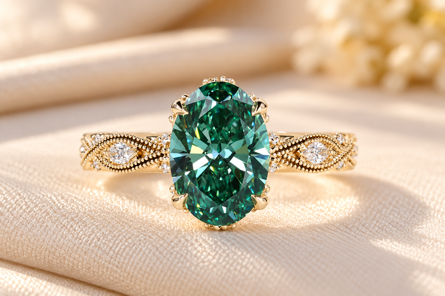 Emerald Green Vintage Gold Ring Antique Vintage Green Oval Engagement Ring, Infinity Milgrain Wedding Ring for Her, Handmade Ring by Dimond Vishwa - Image 1