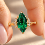 Vintage Engagement Ring with Marquise Cut Emerald Gemstone, Round Moissanite Muse Setting, Knife Edge Wedding Ring for Her, Anniversary Gift