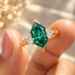 Dutch Marquise Cut Moissanite Three Stone Engagement Ring, V-Prong Set Green Moissanite Ring, Wedding Ring for Her, Unique Handmade Ring