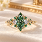 Green Marquise Nature Inspired Engagement Ring with Side Emerald Gemstone, Lab Grown Diamond Wedding Ring, Handmade Ring by Diamond Vishwa