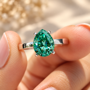 Green Pear Moissanite Solitaire Engagement Ring, Wedding Ring for Her with Flat Comfort Fit Shank Setting, Anniversary Gift Ring for Women