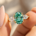 3 Stone Oval Engagement Ring with Side Pear Cut Moissanite, Trellis Prong Set Green Oval Moissanite Ring, Wedding Ring for Her, Promise Ring